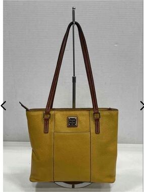 Dooney & Bourke Mustard Yellow Pebble Leather Tote with Brown Straps